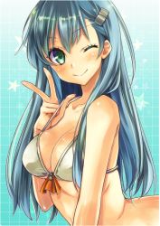Rule 34 | 10s, 1girl, bad id, bad pixiv id, bare shoulders, bikini, breasts, cleavage, gradient background, green eyes, green hair, hair ornament, hairclip, kantai collection, long hair, looking at viewer, matching hair/eyes, mikipa, one eye closed, smile, solo, suzuya (kancolle), swimsuit, upper body, w, white bikini