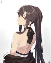Rule 34 | 1girl, aiko (kanl), back, backless outfit, bare back, bare shoulders, black choker, black jacket, braid, brown hair, choker, commentary, gradient background, head tilt, jacket, long hair, looking at viewer, looking back, off shoulder, original, parted bangs, ponytail, ribbon choker, shoulder blades, sidelocks, solo, taya (aiko), twitter username, upper body, very long hair, white background, yellow eyes