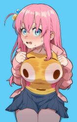 Rule 34 | 1girl, absurdres, blue background, blue eyes, blush, bocchi the rock!, breasts, commentary, constricted pupils, cowboy shot, cube hair ornament, embarrassed, english commentary, feet out of frame, flushed face emoji, flushed face emoji shirt (meme), gotoh hitori, hair between eyes, hair ornament, highres, jacket, large breasts, leaning forward, looking at viewer, meme, nervous sweating, nose blush, open clothes, open jacket, open mouth, pink hair, pink jacket, pleated skirt, scared, shirt, skirt, solo, sweat, thighs, turoboto, wide-eyed, yellow shirt
