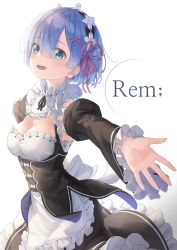 Rule 34 | 1girl, absurdres, blue eyes, blue hair, blush, breasts, character name, cleavage, commentary, detached sleeves, dress, female focus, frills, hair ornament, hair over one eye, hair ribbon, highres, kimyo, large breasts, long sleeves, looking at viewer, maid, maid headdress, open mouth, outstretched arms, pink ribbon, puffy sleeves, re:zero kara hajimeru isekai seikatsu, rem (re:zero), ribbon, short hair, smile, solo, standing, symbol, teeth, upper teeth only, white background, x hair ornament