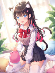 Rule 34 | 1girl, :d, animal ear fluff, animal ears, bed, black hair, blouse, blue eyes, blue skirt, blush, bow, bowtie, cat ears, cat girl, curtains, hair ornament, highres, indoors, long hair, long sleeves, looking at viewer, multicolored hair, open mouth, original, pantyhose, pillow, plant, pleated skirt, seiza, shirt, sitting, skirt, smile, solo, soyubee, tail, teeth, two-tone hair, upper teeth only, white pantyhose, white shirt, window