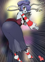 Rule 34 | 1girl, ass, blue hair, blue skin, blush, colored skin, detached collar, detached sleeves, dress, from behind, hair over one eye, highres, hip attack, mittu02, open mouth, red eyes, see-through, see-through dress, side ponytail, skeletal arm, skullgirls, solo, speed lines, squigly (skullgirls), stitched mouth, stitches, striped legwear, thick thighs, thighs, zombie