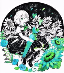 Rule 34 | 1girl, artist request, ascot, closed umbrella, collared shirt, flower, frilled skirt, frills, green eyes, greyscale, highres, kazami yuuka, limited palette, long skirt, long sleeves, monochrome, neckerchief, parasol, partially colored, plaid, plaid skirt, plaid vest, shirt, short hair, simple background, sketch, skirt, skirt set, solo, spot color, summer, sunflower, touhou, traditional media, umbrella, vest, wavy hair