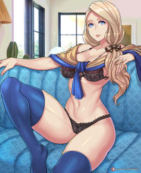 Rule 34 | 1girl, black bra, black panties, blonde hair, blue eyes, blue thighhighs, bra, breasts, cactus, cleavage, couch, fire emblem, fire emblem: three houses, hair ribbon, indoors, large breasts, lingerie, long hair, mercedes von martritz, navel, nintendo, panties, plant, potted plant, redjet, ribbon, shiny skin, side ponytail, solo, thighhighs, underwear, window