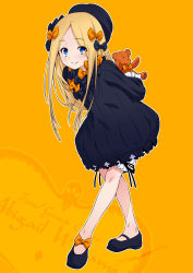 Rule 34 | 1girl, abigail williams (fate), arms behind back, black bow, black dress, black footwear, black headwear, blonde hair, bloomers, blue eyes, blush, bow, character name, closed mouth, copyright name, dress, fate/grand order, fate (series), forehead, full body, hair bow, highres, holding, holding stuffed toy, kazuma muramasa, leaning forward, legs, loafers, long hair, long sleeves, looking at viewer, multiple hair bows, orange background, orange bow, parted bangs, polka dot, polka dot bow, ribbed dress, shoes, simple background, smile, solo, stuffed animal, stuffed toy, teddy bear, underwear, white bloomers