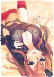 Rule 34 | 1girl, absurdres, belt, blue eyes, breast pocket, breasts, brown hair, cleavage, commentary request, dress, garter straps, hair between eyes, highres, kantai collection, kururuduki, large breasts, long hair, looking at viewer, lying, neckerchief, on back, pocket, ponytail, red legwear, red neckerchief, saratoga (kancolle), saratoga mk ii (kancolle), side ponytail, sidelocks, smile, solo