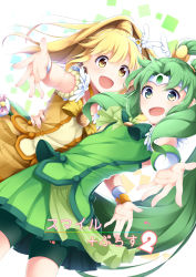 Rule 34 | 10s, 2girls, :d, bike shorts, blonde hair, bow, brooch, choker, cowboy shot, cure march, cure peace, green bow, green eyes, green hair, green shirt, green shorts, green skirt, hair flaps, happy, highres, jewelry, kise yayoi, long hair, looking at viewer, magical girl, midorikawa nao, multiple girls, open mouth, outstretched hand, ponytail, precure, shirt, shorts, shorts under skirt, skirt, sleeveless, sleeveless shirt, smile, smile precure!, very long hair, wrist cuffs, yellow bow, yellow choker, yellow eyes, yellow shirt, yellow skirt, ytyrytyr