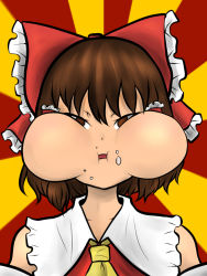 Rule 34 | 1girl, ascot, bow, brown eyes, brown hair, collared shirt, detached sleeves, food, food on face, frilled hair tubes, frilled shirt collar, frills, hair bow, hair tubes, hakurei reimu, looking at viewer, miazuma sarin, open mouth, puffy cheeks, red bow, red shirt, shirt, short hair, sleeveless, sleeveless shirt, solo, sunburst, sunburst background, third-party source, touhou, upper body, white sleeves, yellow ascot