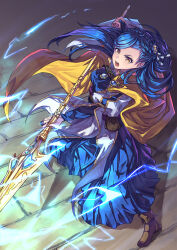 Rule 34 | 1girl, blue hair, blue robe, braid, breasts, bridal gauntlets, cape, commission, crown braid, electricity, flower, full body, hair flower, hair ornament, highres, holding, holding polearm, holding weapon, honzuki no gekokujou, long hair, long sleeves, myne (honzuki no gekokujou), medium breasts, open mouth, polearm, puffy sleeves, robe, shoes, shouma (bravespiritya), skeb commission, solo, spear, swept bangs, weapon, white sleeves, wind, yellow cape, yellow eyes