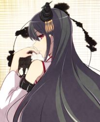 Rule 34 | 10s, 1girl, bad id, bad pixiv id, bare shoulders, black hair, detached sleeves, from behind, fusou (kancolle), hair ornament, hand to own mouth, highres, japanese clothes, kantai collection, kimono, long hair, looking at viewer, looking back, red eyes, solo, yukichi (eikichi)