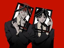 Rule 34 | 2boys, bad id, bad pixiv id, black hair, black suit, blood, book, chrollo lucilfer, closed mouth, collared shirt, cross, dress shirt, earrings, facial mark, forehead mark, formal, half-closed eyes, hand up, hands up, highres, hisoka morow, holding, holding book, hunter x hunter, iei, jewelry, jitome, long sleeves, looking at viewer, male focus, multiple boys, netetsu (yyrf3o), open book, outstretched arm, parted bangs, red background, red hair, shirt, short hair, side-by-side, simple background, smile, star (symbol), star print, suit, tongue, tongue out, upper body, v, white shirt