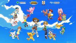 3girls 5boys agumon bird bug cat digimon digimon_(creature) gabumon glasses gomamon ishida_yamato izumi_koshiro kido_jo multiple_boys multiple_girls palmon patamon petals piyomon tachikawa_mimi tailmon takaishi_takeru takenouchi_sora tentomon wings yagami_hikari yagami_taichi