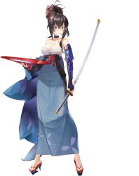 Rule 34 | 1girl, artist request, bare shoulders, black gloves, blue oath, blush, breasts, brown hair, cleavage, closed mouth, collarbone, gauntlets, gloves, green eyes, hair ornament, highres, holding, holding sword, holding weapon, japanese clothes, kaga (blue oath), kaga (sapphire formal dress) (blue oath), katana, long hair, looking at viewer, medium breasts, official art, partially fingerless gloves, sandals, sarashi, single gauntlet, smile, solo, standing, sword, transparent background, weapon, white background
