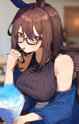 Rule 34 | 1girl, absurdres, admire vega (umamusume), animal ears, blue-framed eyewear, blurry, blurry background, blush, breasts, brown hair, chabashira (tyabasirak55), commentary request, ear covers, eating, food, glasses, highres, horse ears, horse girl, jacket, large breasts, long hair, long sleeves, looking at viewer, off shoulder, red eyes, shaved ice, single ear cover, solo, umamusume, utensil in mouth