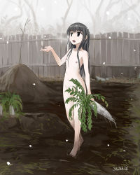 Rule 34 | 1girl, barefoot, black eyes, black hair, breath, collarbone, completely nude, day, dirty, dirty feet, fence, flat chest, food, full body, hand up, highres, holding, long hair, looking up, navel, nipples, nude, open mouth, original, outdoors, roreru (rorerore-ya), signature, snowing, solo, standing, tree, vegetable