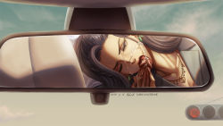 Rule 34 | 1boy, 1girl, black hair, blazer, blue sky, breasts, car, car interior, cleavage, collarbone, commentary, cum, earrings, elleciel.eud, english commentary, erection, executive mishiro, facial, fellatio, formal, green eyes, hair pulled back, head tilt, hetero, idolmaster, idolmaster cinderella girls, jacket, jewelry, long hair, mirror, motor vehicle, necklace, one eye closed, open mouth, oral, penis, ponytail, rear-view mirror, sky, solo focus, suit, tongue, tongue out, traffic light, uncensored