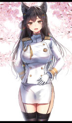 Rule 34 | 1girl, aiguillette, animal ears, arm behind back, atago (azur lane), azur lane, bad id, bad pixiv id, black thighhighs, blush, branch, breasts, brown eyes, brown hair, cherry blossoms, cowboy shot, garter straps, gloves, hand on own stomach, highres, large breasts, lens flare, letterboxed, long hair, long sleeves, looking at viewer, military, military uniform, miniskirt, mole, mole under eye, side slit, skirt, solo, sparkle, spring (season), standing, straight hair, thighhighs, tsukiriran, uniform, very long hair, white gloves, white skirt