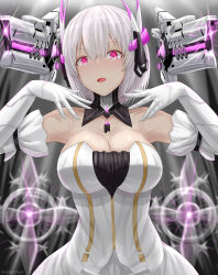 Rule 34 | 1girl, archstreal, black collar, breasts, cleavage, collar, detached collar, dog tags, dress, elbow gloves, energy cannon, floating, floating object, floating weapon, gloves, grey hair, hair between eyes, headgear, headphones, high collar, highres, large breasts, liv: luminance (punishing: gray raven), liv (punishing: gray raven), medium hair, multiple weapons, open mouth, pink eyes, punishing: gray raven, solo, white dress, white gloves