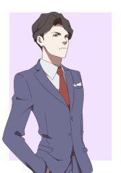 Rule 34 | 1boy, andrew hanbridge, arms at sides, border, brown hair, collared shirt, green eyes, hair intakes, hand in pocket, jacket, lapels, little witch academia, male focus, mitsuko (4afe6300), necktie, notched lapels, pants, pink background, pocket square, purple background, purple jacket, purple pants, red necktie, scowl, shirt, simple background, solo, standing, white border, white shirt
