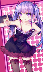 Rule 34 | 1girl, ;q, black dress, black thighhighs, black wings, bow, breasts, cleavage, collarbone, demon wings, dress, hand on own hip, highres, horns, index finger raised, leaning forward, long hair, mifuchi, new game!, one eye closed, pink eyes, purple bow, purple hair, shiny skin, short dress, sleeveless, sleeveless dress, small breasts, solo, standing, suzukaze aoba, thighhighs, tongue, tongue out, twintails, very long hair, wings