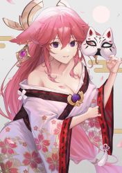 Rule 34 | 1girl, :d, animal ears, bare shoulders, blue background, breasts, cleavage, collarbone, commentary request, ear piercing, egasumi, floral print, fox ears, fox mask, genshin impact, hair between eyes, highres, holding, holding mask, idasu (hyun9164), japanese clothes, kimono, large breasts, leaning forward, long hair, long sleeves, looking at viewer, low-tied long hair, mask, unworn mask, off shoulder, open mouth, parted lips, piercing, pink hair, purple eyes, sakuramon, slit pupils, smile, solo, sun, very long hair, white kimono, wide sleeves, yae miko