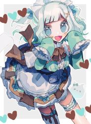 Rule 34 | 1girl, absurdres, apron, black bow, blue eyes, blush, bow, bridal garter, commission, detached collar, dress, fang, green dress, green hair, hair ornament, hairclip, heart, highres, indie virtual youtuber, leaning forward, looking at viewer, maid, maid apron, manaita no sake, mint fantome, multicolored hair, open mouth, second-party source, short hair, single thighhigh, skeb commission, skin fang, sleeves past fingers, sleeves past wrists, smile, solo, streaked hair, thigh strap, thighhighs, virtual youtuber, white hair