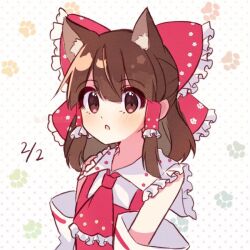 Rule 34 | 1girl, animal ear fluff, animal ears, ascot, blush, bow, brown eyes, brown hair, cat day, cat ears, commentary request, dated, detached sleeves, frilled bow, frilled hair tubes, frills, hair bow, hair tubes, hakurei reimu, kudamono25253, long hair, looking at viewer, open mouth, paw print, paw print background, red ascot, red bow, ribbon-trimmed sleeves, ribbon trim, solo, touhou
