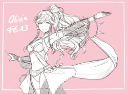 Rule 34 | 1girl, armpits, braid, breasts, character name, dancing, female focus, fire emblem, fire emblem awakening, lithety, long hair, monochrome, navel, nintendo, olivia (fire emblem), outstretched arm, pink background, ponytail, side braid, solo, twin braids