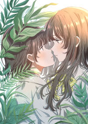 Rule 34 | 2girls, absurdres, blush, bow, bowtie, brown hair, collared shirt, commentary request, from side, green bow, green bowtie, highres, imminent kiss, leaf, long hair, multiple girls, original, rococomm123, school uniform, shirt, short hair, upper body, white background, yuri