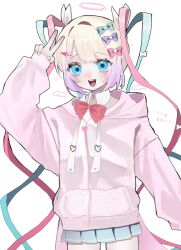 Rule 34 | 1girl, :d, blonde hair, blue bow, blue eyes, blue hair, blue skirt, blush, bow, bowtie, chouzetsusaikawa tenshi-chan, collared shirt, cowboy shot, drawn halo, drawn wings, hair bow, hair ornament, hair ribbon, hairclip, halo, hanataro (sruvhqkehy1zied), hand up, heart, heart hair ornament, highres, hood, hood down, hoodie, long hair, long sleeves, looking at viewer, multicolored hair, needy girl overdose, official alternate costume, open mouth, pink bow, pink bowtie, pink hair, pink hoodie, pleated skirt, purple bow, quad tails, ribbon, shirt, simple background, skirt, smile, solo, standing, twintails, v, very long hair, white background, white shirt