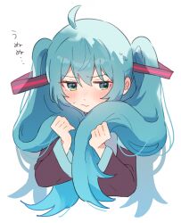 Rule 34 | 1girl, :&lt;, absurdly long hair, aqua eyes, aqua hair, black sleeves, blush, detached sleeves, enipa 28, hair between eyes, hands up, hatsune miku, highres, long hair, looking to the side, solo, sweat, twintails, very long hair, vocaloid