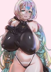 Rule 34 | 1girl, bare shoulders, black gloves, black panties, bow (bhp), breasts, commentary request, covered erect nipples, cupitan (granblue fantasy), cupitan (summer) (granblue fantasy), gloves, gradient hair, granblue fantasy, green eyes, hair ornament, huge breasts, long hair, looking at viewer, multicolored hair, navel, open mouth, panties, pink background, simple background, smile, solo, stomach, underwear, very long hair