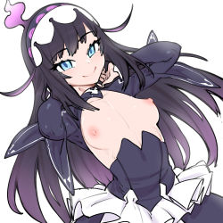 Rule 34 | 1girl, absurdres, black hair, blue eyes, breasts, breasts out, dress, dutch angle, hairband, highres, infinite dendrogram, long hair, looking at viewer, minkye, nemesis (infinite dendrogram), nipples, simple background, small breasts, smile, solo, white background