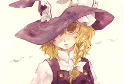 Rule 34 | 1girl, bad id, bad pixiv id, blonde hair, bow, braid, hat, hat bow, hat over one eye, kirisame marisa, painting (medium), shiroma (mamiko), side braid, solo, touhou, traditional media, watercolor (medium), witch hat, yellow eyes