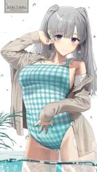 Rule 34 | bandaged arm, bandages, bandaid, bandaid on hand, blue nails, blush, character name, closed mouth, collared shirt, dress shirt, earrings, english text, flower earrings, grey hair, hand on own stomach, highres, idolmaster, idolmaster shiny colors, jewelry, long hair, long sleeves, looking at viewer, nail polish, noeru, one-piece swimsuit, open clothes, open shirt, parted bangs, plaid, plaid swimsuit, purple eyes, shirt, simple background, single bare shoulder, swimsuit, thick thighs, thighs, twintails, wading, water, water drop, wet, wing collar, yukoku kiriko