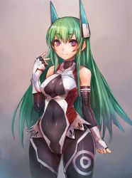 Rule 34 | 1girl, adapted costume, bare shoulders, bodysuit, breasts, cameltoe, cosplay, covered navel, elbow gloves, fingerless gloves, gloves, green eyes, green hair, highres, large breasts, looking at viewer, matching hair/eyes, menou kaname (taishi), original, purple eyes, solo, taimanin (series), taimanin asagi, taimanin suit, taishi (artist), taishi (picchiridou)