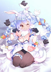 Rule 34 | &gt; &lt;, 1girl, ;), animal, animal ear fluff, animal ears, bare shoulders, bed sheet, black gloves, black leotard, blue hair, blush, bow, braid, breasts, brown eyes, brown pantyhose, carrot hair ornament, closed mouth, commentary request, detached sleeves, don-chan (usada pekora), dress, food-themed hair ornament, fujishima-sei ichi-gou, fur-trimmed dress, fur-trimmed gloves, fur trim, gloves, hair between eyes, hair bow, hair ornament, hands up, heart, heart-shaped eyes, highres, hololive, leotard, medium breasts, multicolored hair, one eye closed, pantyhose, pekomon (usada pekora), puffy short sleeves, puffy sleeves, rabbit, rabbit ears, seiza, short eyebrows, short sleeves, sitting, smile, strapless, strapless dress, strapless leotard, thick eyebrows, twin braids, twintails, two-tone hair, usada pekora, usada pekora (1st costume), virtual youtuber, white bow, white dress, white hair, white sleeves