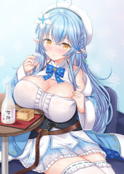 Rule 34 | 1girl, ahoge, akino hamo, alcohol, bare shoulders, beret, blue bow, blue bowtie, blue hair, blush, bottle, bow, bowtie, breasts, choko (cup), cleavage, cleavage cutout, clothes pull, clothing cutout, cup, drunk, elf, frilled skirt, frilled thighhighs, frills, hair ornament, half updo, hat, heart, heart ahoge, highres, hololive, large breasts, long hair, looking at viewer, off shoulder, open mouth, pointy ears, pouring, pouring onto self, sake, sake bottle, sitting, skirt, solo, table, thighhighs, virtual youtuber, white thighhighs, yellow eyes, yukihana lamy, zettai ryouiki