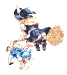 Rule 34 | 2girls, :o, ass, blonde hair, bloomers, bloomers pull, blue dress, blue eyes, blue hair, bow, broom, broom riding, butt crack, cirno, dress, full body, hair bow, hat, hat ribbon, highres, ice, ice wings, kirisame marisa, long hair, mary janes, multiple girls, nsio, puffy short sleeves, puffy sleeves, ribbon, shoes, short hair, short sleeves, socks, surprised, touhou, transparent background, underwear, wedgie, wings, witch hat