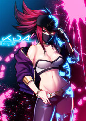 Rule 34 | 1girl, akali, artist name, asymmetrical clothes, bandeau, bare shoulders, baseball cap, belt, belt buckle, blue eyes, bracelet, breasts, buckle, cleavage, collarbone, covered mouth, fingerless gloves, gloves, glowing, glowing eye, hat, heterochromia, highres, idol, jacket, jewelry, jia redian ruzi ruzi, k/da (league of legends), k/da akali, league of legends, looking at viewer, mask, medium breasts, midriff, mouth mask, navel, neck ring, off shoulder, open clothes, open jacket, paint splatter, ponytail, red hair, sidelocks, single glove, single pantsleg, single thighhigh, sleeves pushed up, solo, strapless, thighhighs, toned, ultraviolet light, yellow eyes