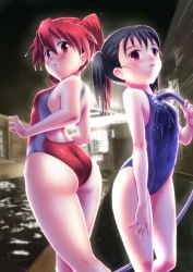 Rule 34 | 2girls, absurdres, ass, black hair, blush, competition swimsuit, covered navel, flat chest, highres, multiple girls, one-piece swimsuit, open mouth, original, ponytail, pool, red eyes, red hair, short hair, shower head, swimsuit, tennouji mamichi, tennouji masamichi, twintails, water, wet