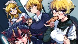 Rule 34 | 4girls, :t, absurdres, blonde hair, blue eyes, blue skirt, breasts, bubble tea, chopsticks, collared shirt, cup, drinking straw, earrings, eating, food, fuchibeppu chiyuri, fukumaaya, glasses, highres, holding, holding chopsticks, holding cup, holding food, horns, hot dog, instant ramen, jewelry, ketchup, large breasts, looking at viewer, multiple girls, mustard, nissin cup noodle, noodles, oni, open mouth, pleated skirt, pointy ears, purple eyes, ramen, red eyes, sausage, sharp teeth, shirt, short hair, skirt, skull earrings, smile, sweater, teeth, thick eyebrows, white skirt