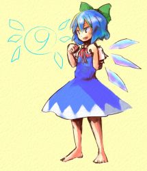 Rule 34 | 1girl, barefoot, blue eyes, blue hair, bow, circled 9, cirno, dress, feet, female focus, full body, hair ribbon, luft, matching hair/eyes, ribbon, simple background, solo, standing, touhou, wings, yellow background