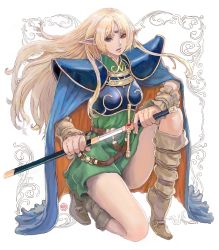 Rule 34 | 1girl, absurdres, armor, blonde hair, blue armor, blue cape, blue eyes, boots, border, breastplate, brown footwear, cape, deedlit, elf, fingernails, gem, highres, holding, holding sheath, holding sword, holding weapon, long hair, looking at viewer, multicolored cape, multicolored clothes, on one knee, orange cape, parted lips, pauldrons, pink lips, pointy ears, purple gemstone, record of lodoss war, red gemstone, scabbard, sheath, shiren (ourboy83), shoulder armor, signature, solo, sword, two-tone cape, unsheathing, weapon