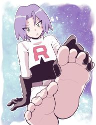 Rule 34 | 1boy, creatures (company), feet, foot focus, game freak, gloves, green eyes, james (pokemon), male focus, minashirazu, nintendo, pokemon, pokemon (anime), purple hair, worried
