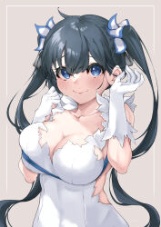 Rule 34 | 1girl, backless dress, backless outfit, black hair, blue eyes, blue ribbon, blush, breasts, cleavage, closed mouth, collarbone, commentary, dress, dungeon ni deai wo motomeru no wa machigatteiru darou ka, gloves, grey background, hair between eyes, hair ribbon, hands up, hestia (danmachi), highres, large breasts, long hair, looking at viewer, no bra, ribbon, simple background, skindentation, smile, solo, twintails, upper body, upturned eyes, very long hair, wa ki ya ku, white dress, white gloves, white ribbon