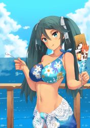 Rule 34 | 1girl, :q, aqua hair, asymmetrical clothes, bad id, bad pixiv id, bare arms, bare shoulders, bikini, bikini top only, blue bikini, blue eyes, blue sky, blush, breasts, cleavage, closed mouth, cloud, collarbone, cowboy shot, cup, day, drinking glass, floral print, food, hair between eyes, hair ribbon, highres, holding, holding cup, holding drinking glass, holding spoon, horizon, ice cream, isuzu (kancolle), kantai collection, large breasts, long hair, looking at viewer, navel, ocean, osananajimi neko, outdoors, railing, ribbon, sarong, single-shoulder bikini, single strap, sky, solo, spoon, standing, stomach, sundae, swimsuit, tongue, tongue out, tsurime, twintails, very long hair, water, white ribbon