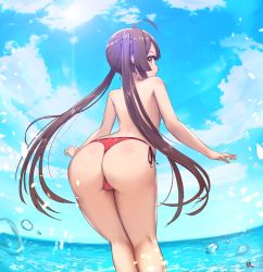 Rule 34 | 1girl, ahoge, arms at sides, ass, azur lane, back, bad id, bad pixiv id, bent over, bikini, bikini bottom only, blue sky, blunt bangs, brown hair, cameltoe, cloud, cloudy sky, day, diffraction spikes, feet out of frame, fisheye, from behind, glowing, glowing petals, guundesu, highres, kneepits, legs together, long hair, looking at viewer, looking back, outdoors, outstretched hand, parted lips, petals, ping hai (azur lane), ping hai (summer vacation) (azur lane), profile, red bikini, red eyes, ribbon-trimmed bikini, side-tie bikini bottom, sidelocks, sky, solo, standing, swimsuit, teeth, thong bikini, topless, tsurime, twintails, very long hair, water, water drop, wedgie