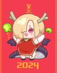 Rule 34 | 1girl, 2024, blonde hair, blush, breath weapon, breathing fire, chibi, china dress, chinese clothes, chinese zodiac, commentary request, covered navel, detached wings, dragon girl, dragon horns, dragon tail, dragon wings, dress, ear piercing, fang, fire, gloves, hair over one eye, highres, horns, idolmaster, idolmaster cinderella girls, long bangs, open mouth, panties, pelvic curtain, piercing, pink eyes, red background, red dress, shirasaka koume, short hair, side-tie panties, solo, tail, takato kurosuke, translation request, underwear, white gloves, wings, year of the dragon