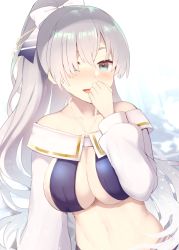 Rule 34 | 1girl, anastasia (fate), anastasia (swimsuit archer) (fate), anastasia (swimsuit archer) (third ascension) (fate), bare shoulders, bikini, blue bikini, blue eyes, blush, breasts, cleavage, collarbone, fate/grand order, fate (series), hair over one eye, hairband, jewelry, kujiran, large breasts, long hair, long sleeves, looking at viewer, necklace, open mouth, ponytail, puffy long sleeves, puffy sleeves, silver hair, smile, solo, swimsuit, thighs, very long hair